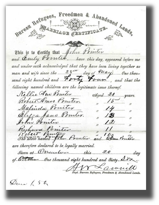 1844 slave marriage made legal by 1866 Freedman's Bureau marriage and certificate
