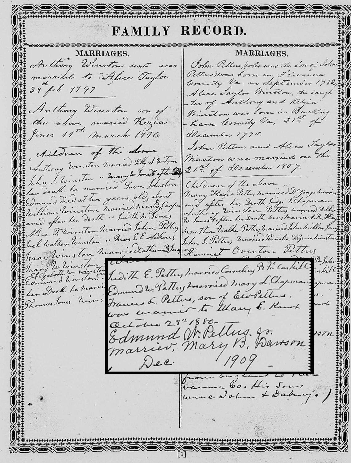Edmund Pettus Family Bible Record from Alabama