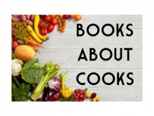 an assortment of fruits and vegetables curves on the left-hand side of the image with the words books about cooks on the right