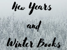 "New Years and Winter Books" on a background of snowy evergreen trees.