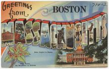 historic postcard reading "Greetings from Massachusetts" with various images of sites around the commonwealth.