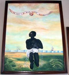 Anti-slavery banner reproduction painting: Am Not I a Man and a Brother.